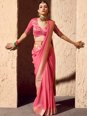 Fabulous Pink Zari Weaving Georgette Festive Wear Saree With Blouse