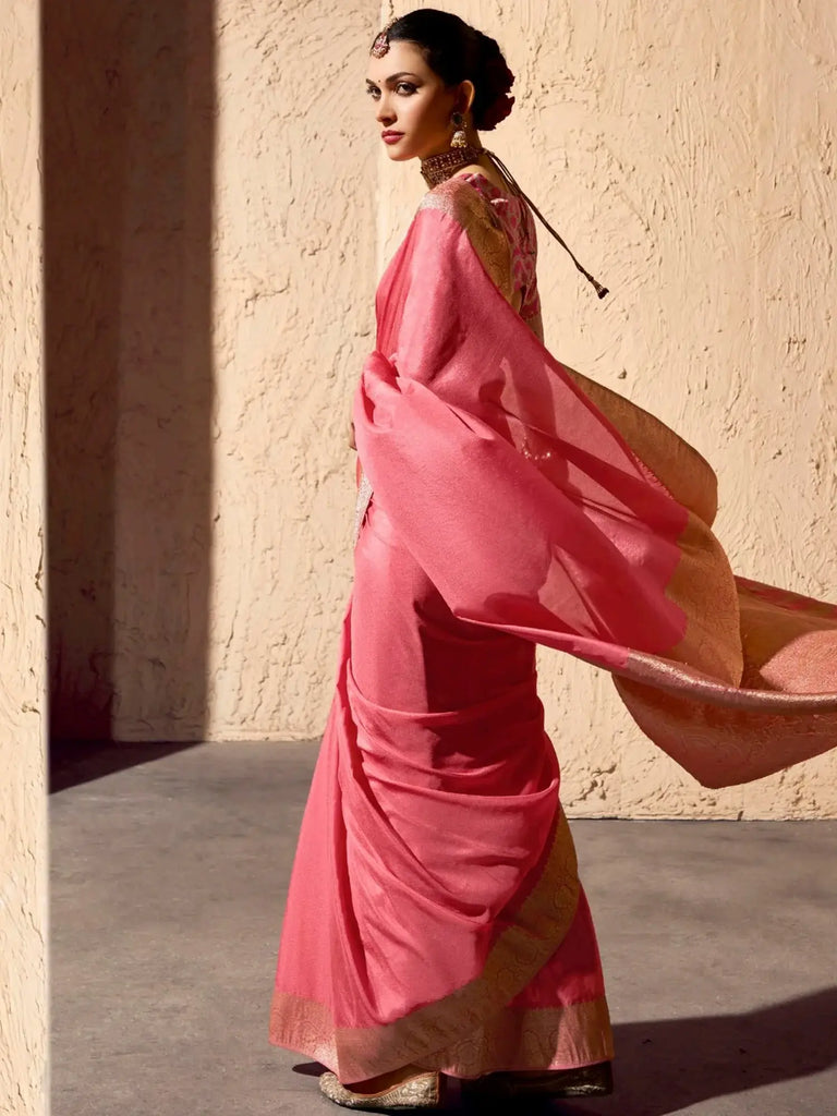 Fabulous Pink Zari Weaving Georgette Festive Wear Saree With Blouse