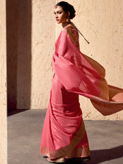 Fabulous Pink Zari Weaving Georgette Festive Wear Saree With Blouse