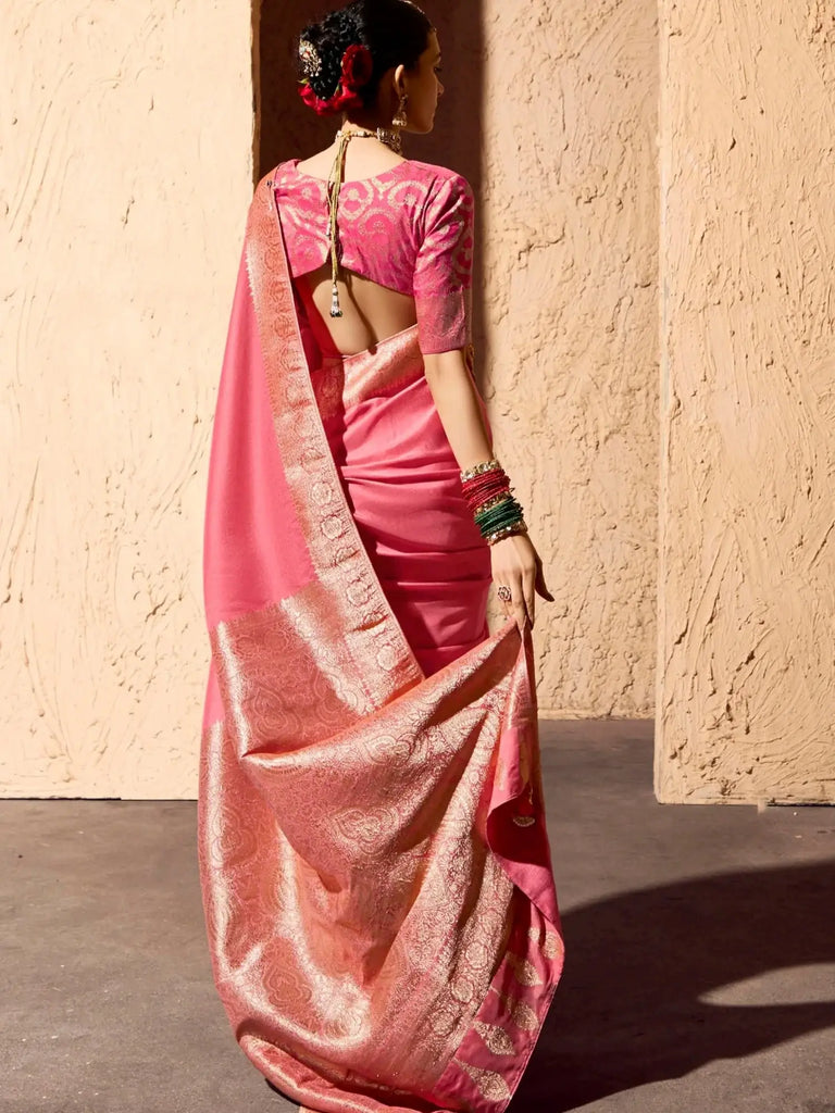 Fabulous Pink Zari Weaving Georgette Festive Wear Saree With Blouse