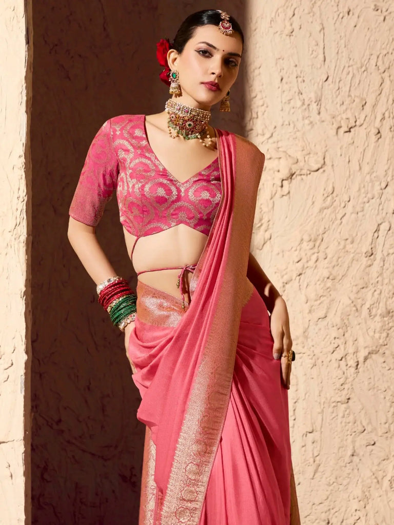 Fabulous Pink Zari Weaving Georgette Festive Wear Saree With Blouse