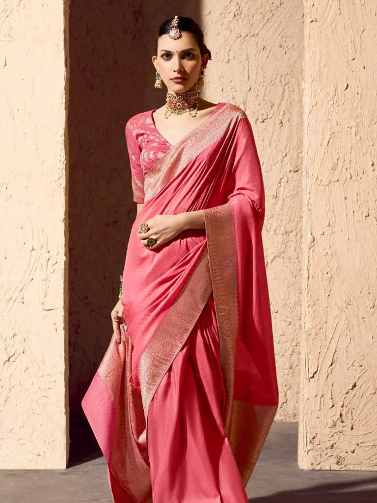 Fabulous Pink Zari Weaving Georgette Festive Wear Saree With Blouse