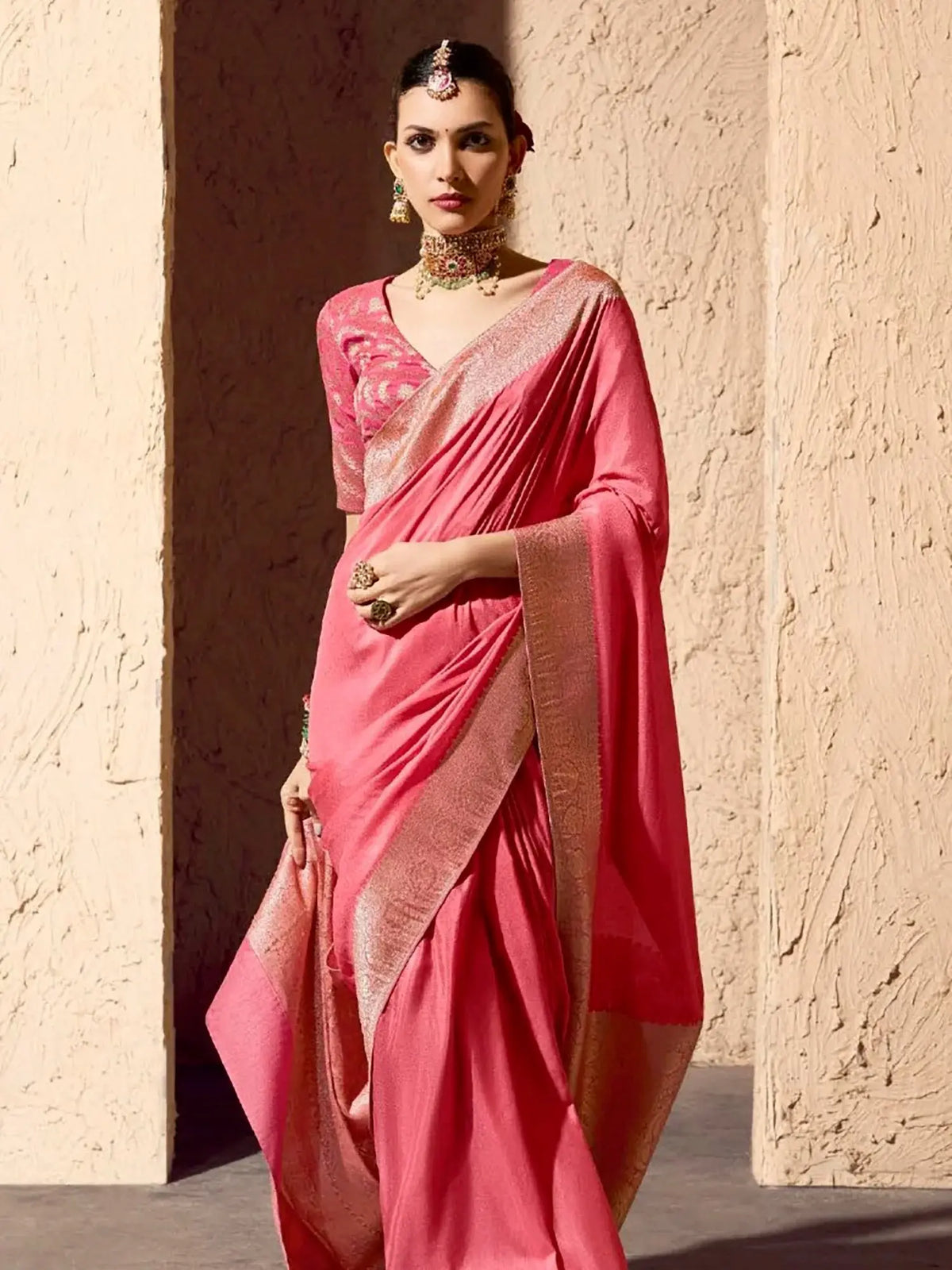 Fabulous Pink Zari Weaving Georgette Festive Wear Saree With Blouse