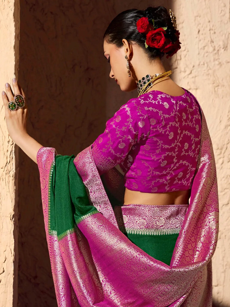 Gorgeous Green Zari Weaving Georgette Wedding Wear Saree With Blouse