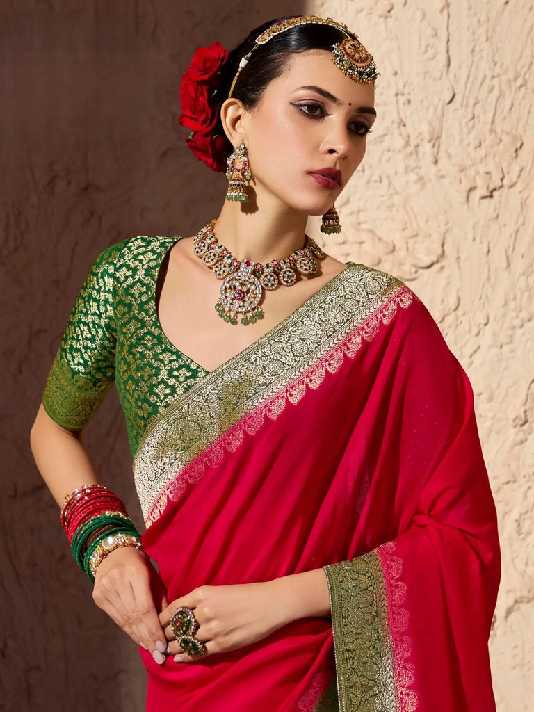 Glamorous Red Zari Weaving Georgette Wedding Wear Saree With Blouse