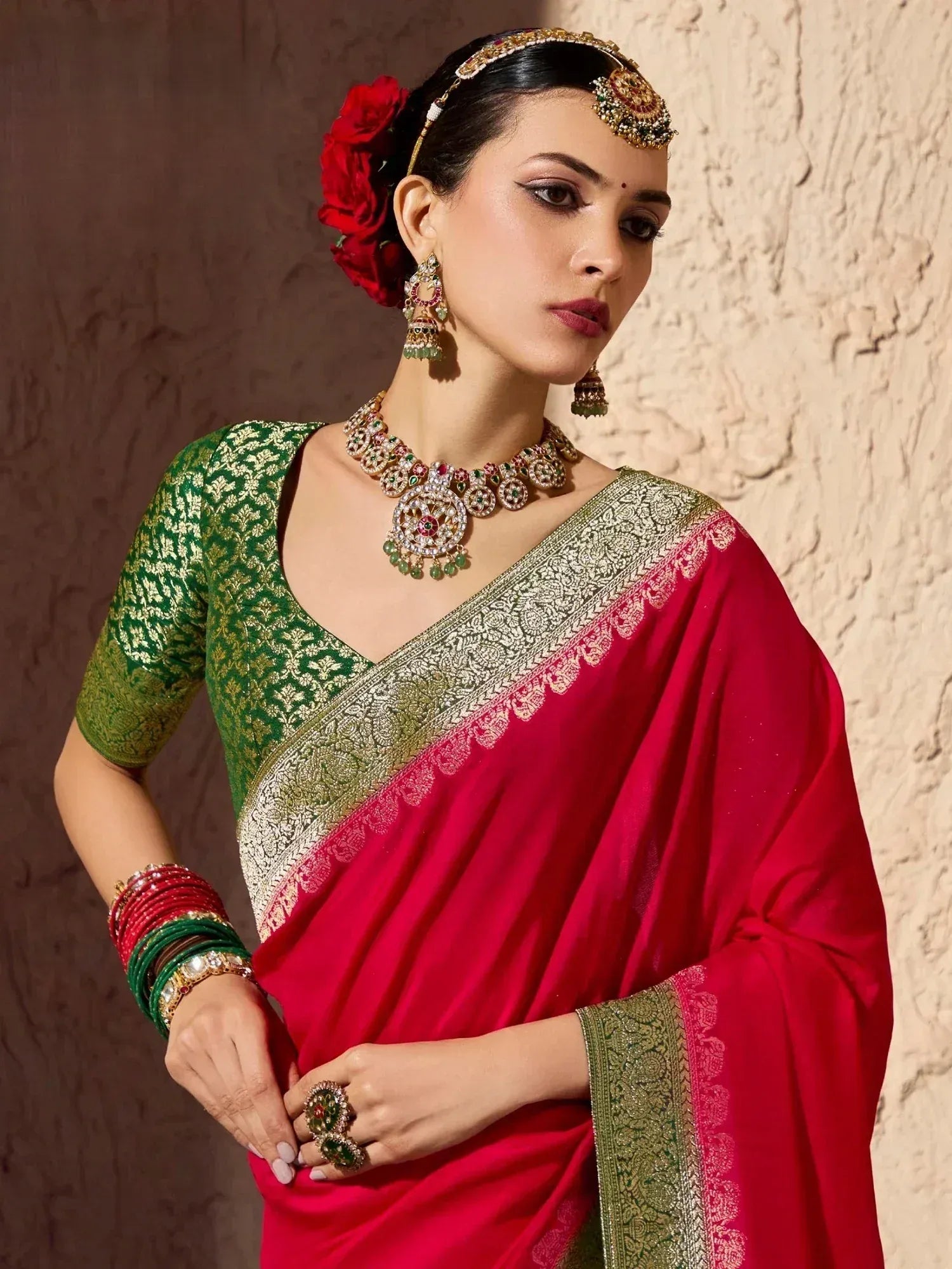 Glamorous Red Zari Weaving Georgette Wedding Wear Saree With Blouse