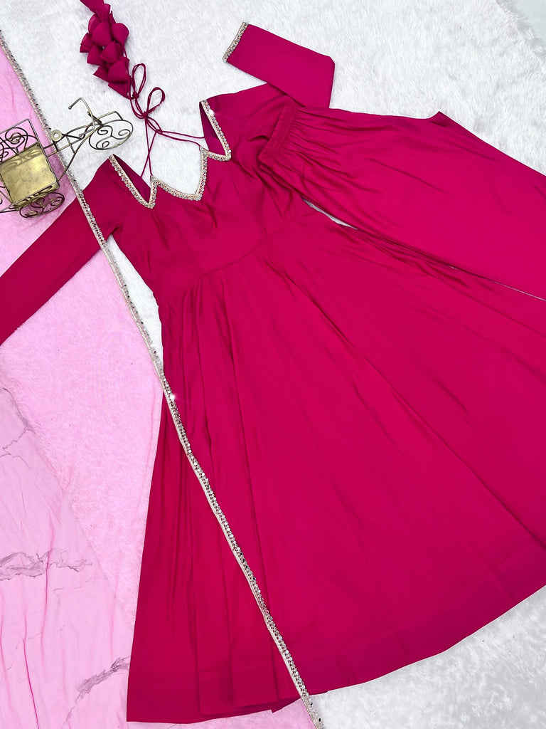 Fantastic Pink Lace Work Georgette Festival Wear Gown With Dupatta