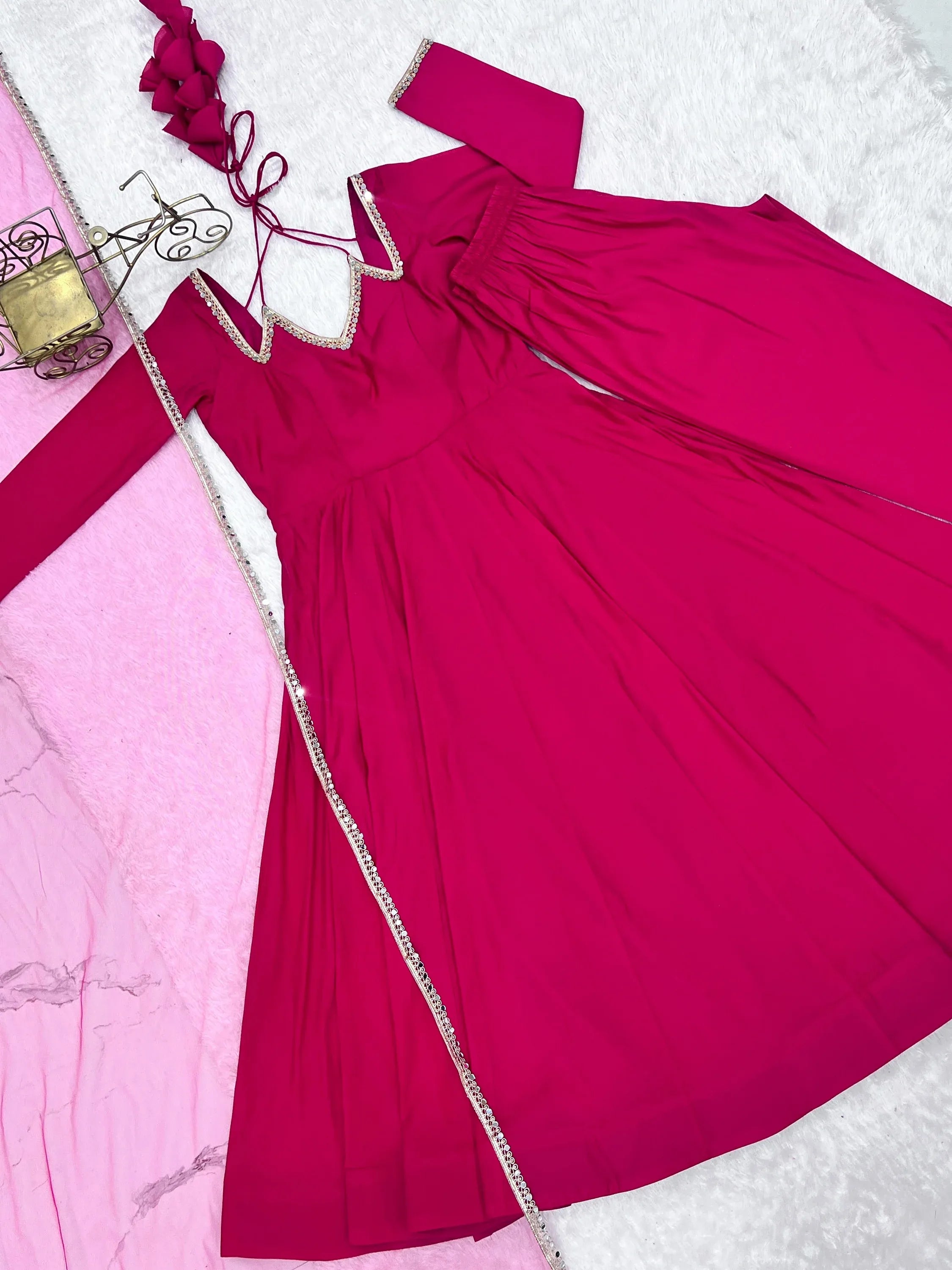 Fantastic Pink Lace Work Georgette Festival Wear Gown With Dupatta