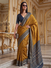 Rich Mustard Yellow Digital Printed Silk Haldi Wear Saree With Blouse