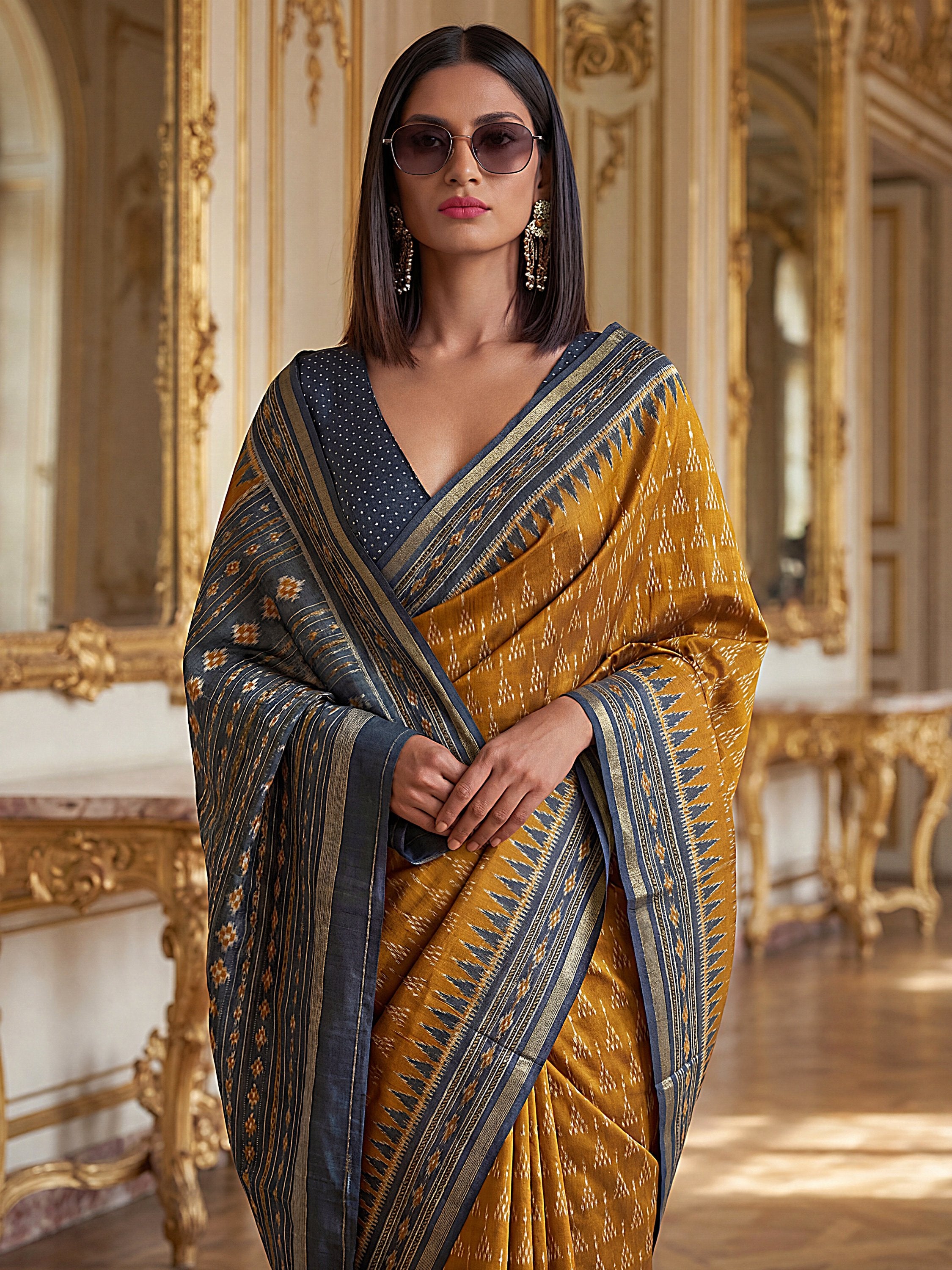 Rich Mustard Yellow Digital Printed Silk Haldi Wear Saree With Blouse