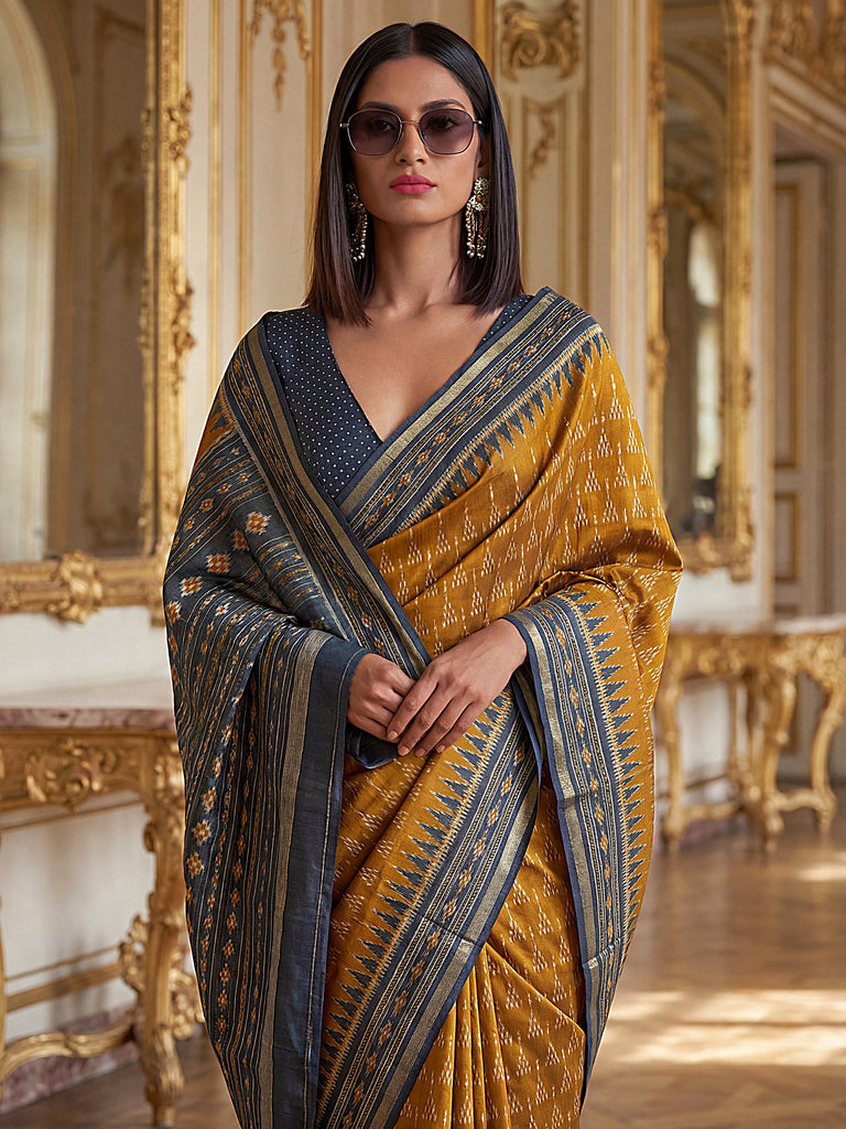 Rich Mustard Yellow Digital Printed Silk Haldi Wear Saree With Blouse