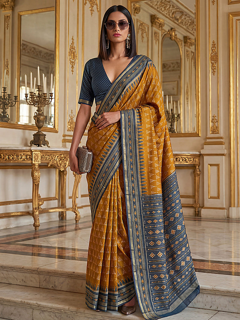 Rich Mustard Yellow Digital Printed Silk Haldi Wear Saree With Blouse