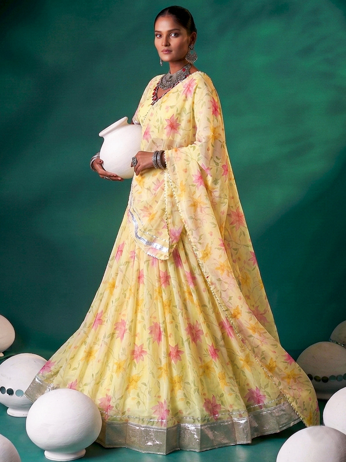 Notable Yellow Floral Printed Silk Haldi Wear Lehenga Choli With Dupatta
