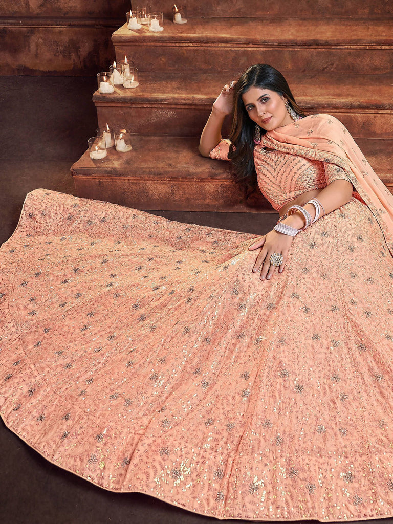 Alluring Peach Sequins Embroidered Georgette Wedding Wear Lehenga Choli