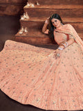 Alluring Peach Sequins Embroidered Georgette Wedding Wear Lehenga Choli