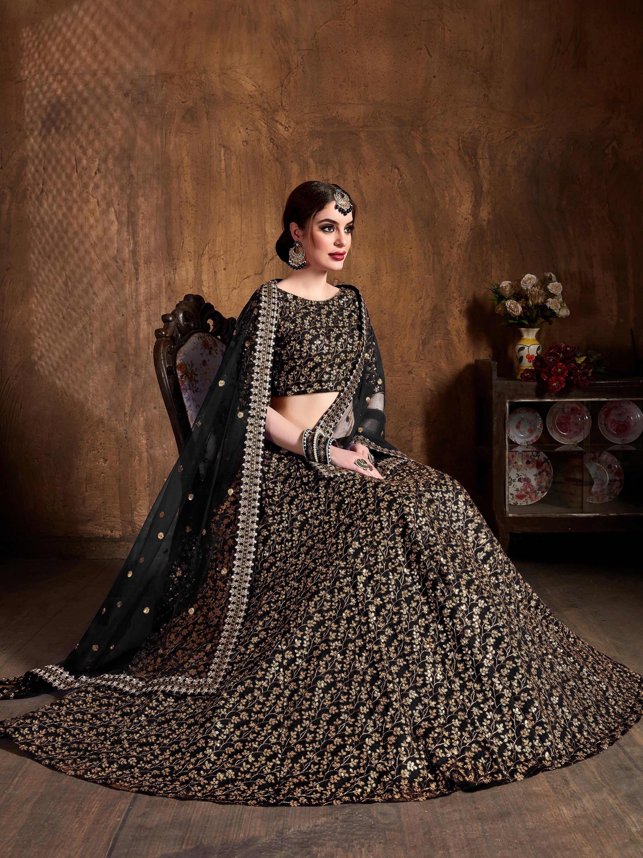 Graceful Black Sequins Silk Function Wear Plus Size Lehenga Choli