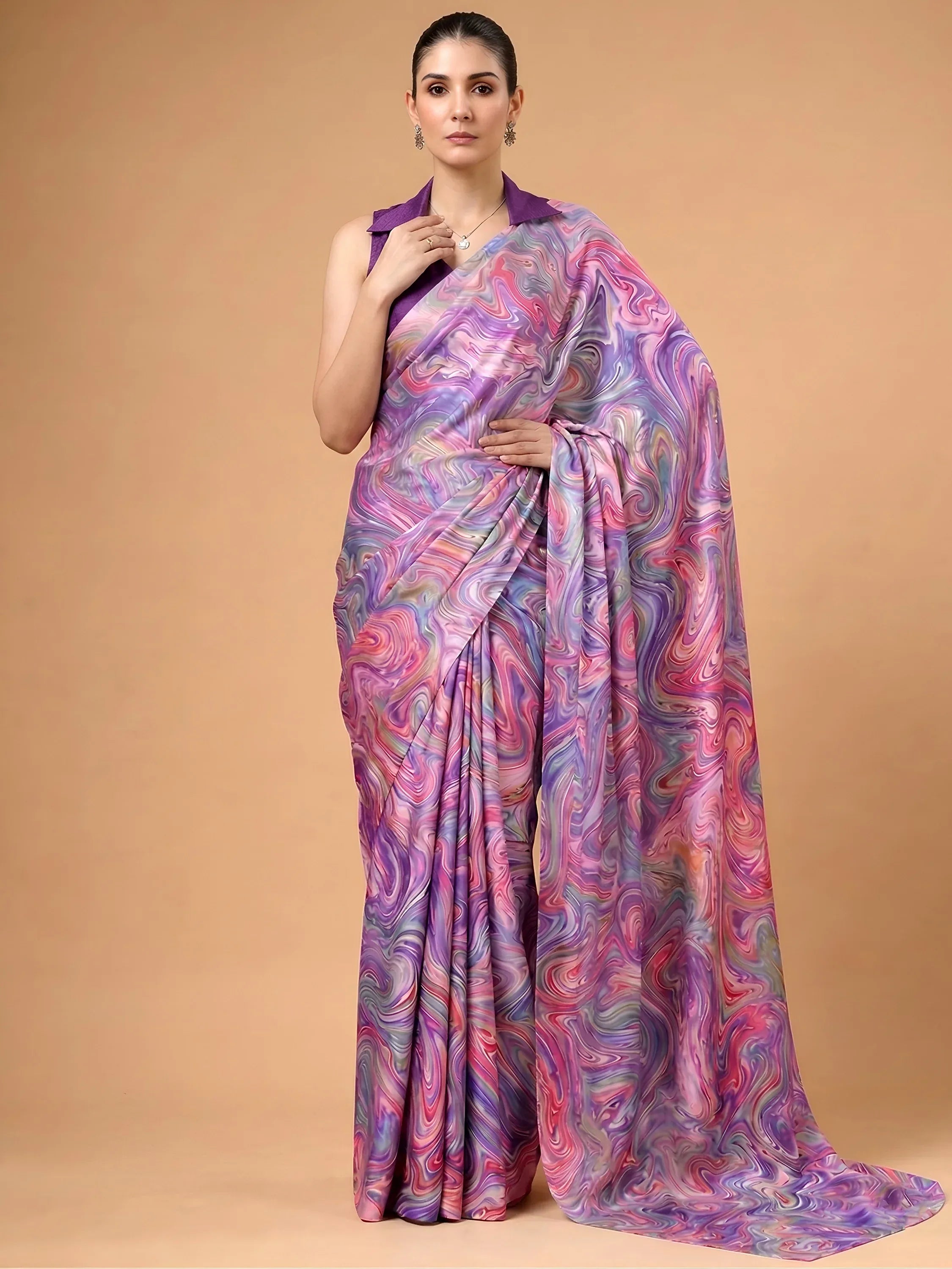 Charming Lavender Digital Printed Satin Festive Wear Saree With Blouse