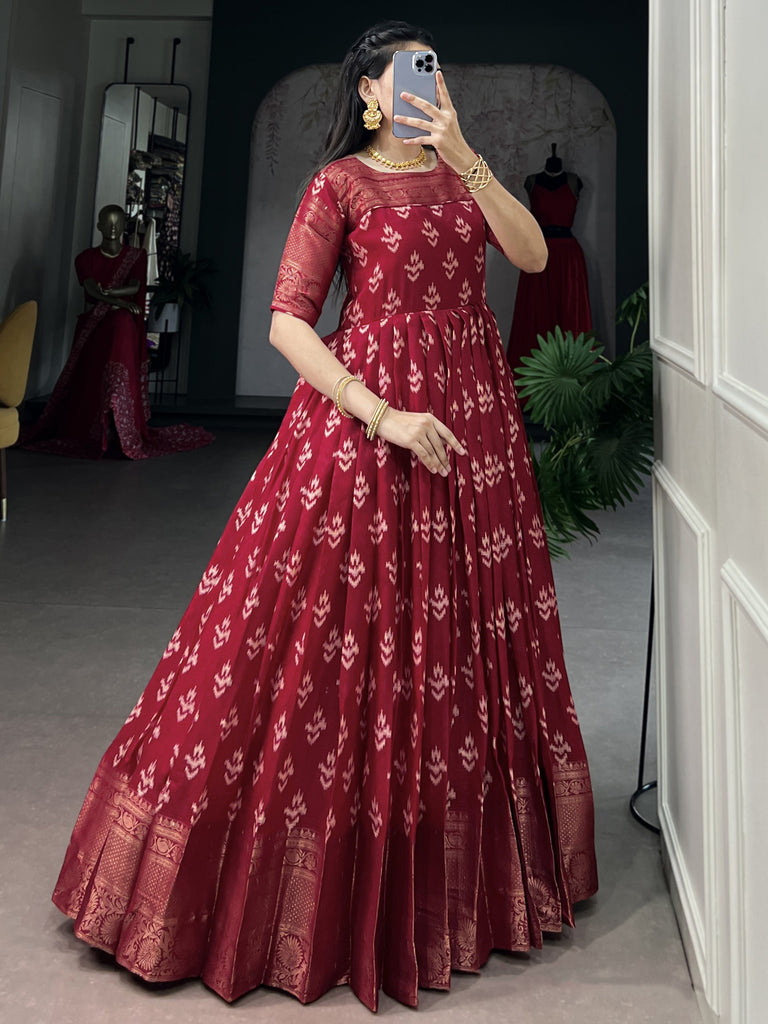 Precious Red Zari Weaving Cotton Wedding Wear Gown