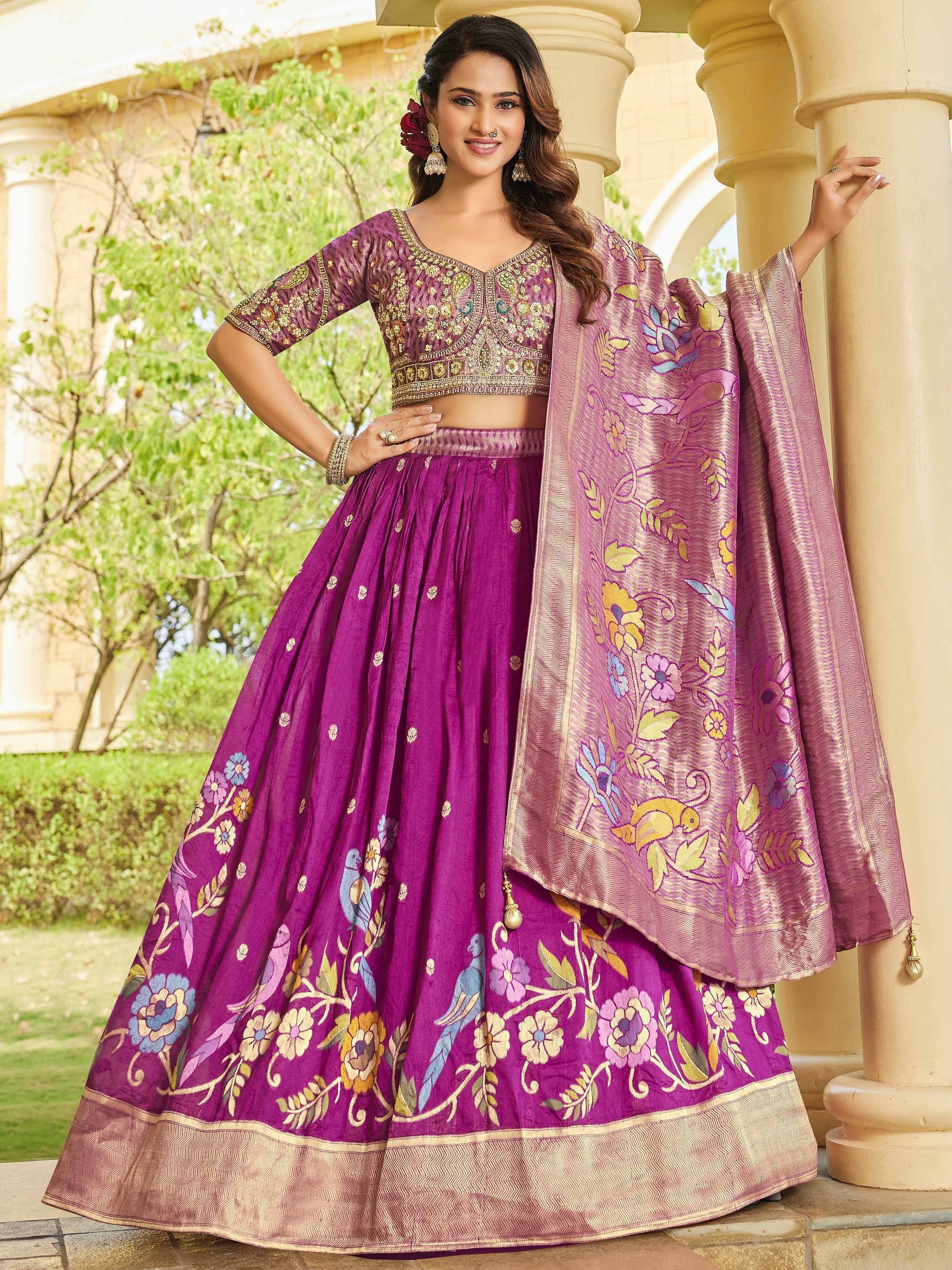 Elegant Pink Zari Weaving Tussar Silk Engagement Wear Lehenga Choli 