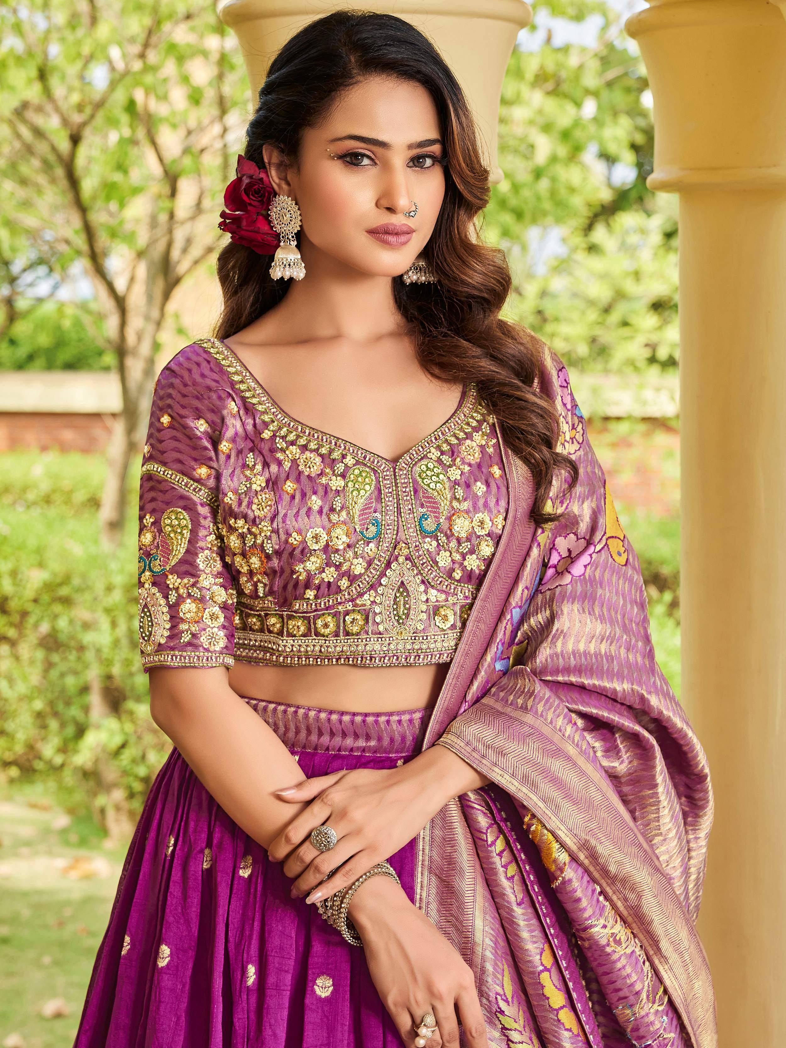 Elegant Pink Zari Weaving Tussar Silk Engagement Wear Lehenga Choli 