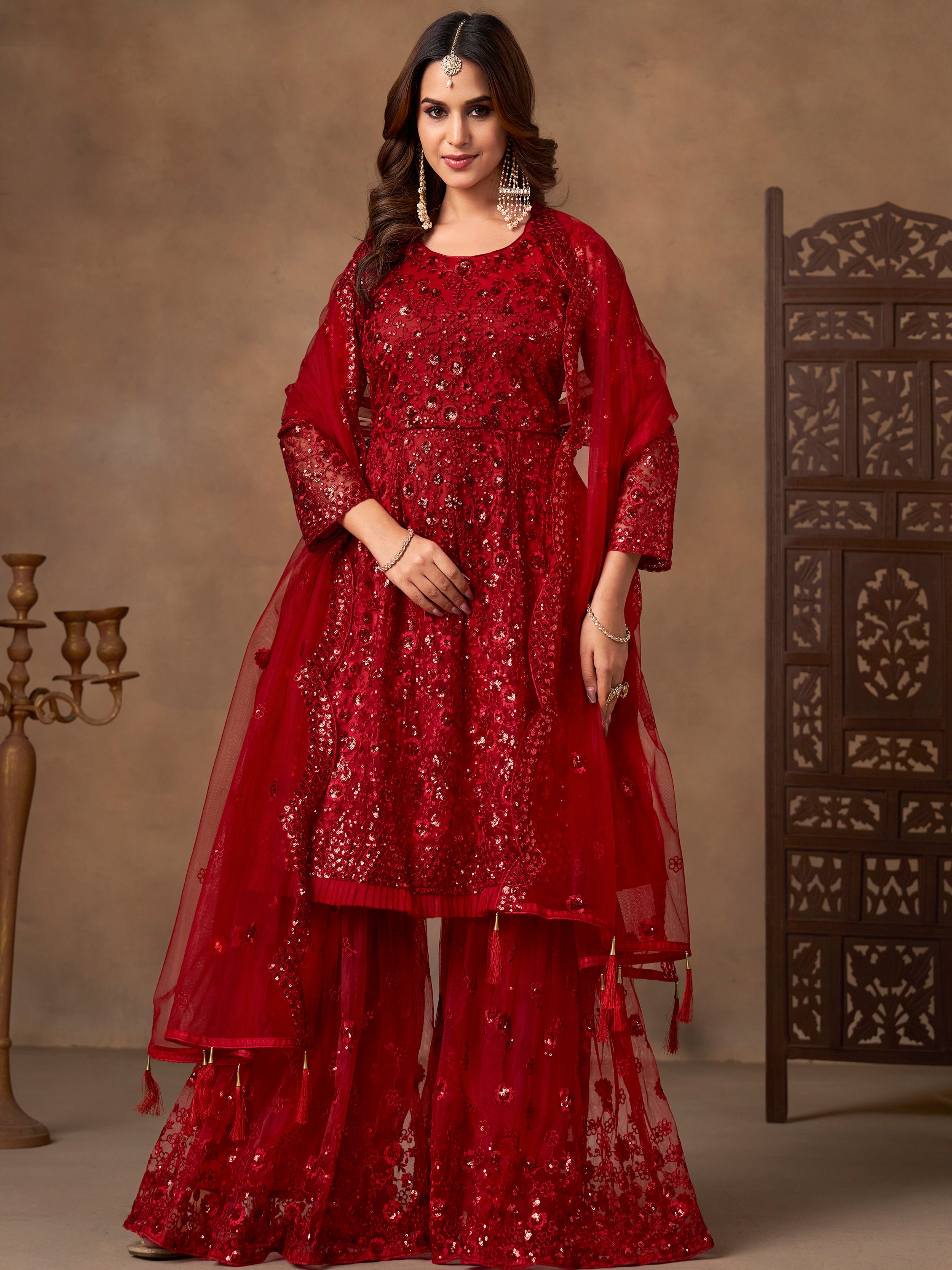 Outstanding Red Embroidered Net Function Wear Sharara Suit