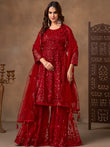 Outstanding Red Embroidered Net Function Wear Sharara Suit