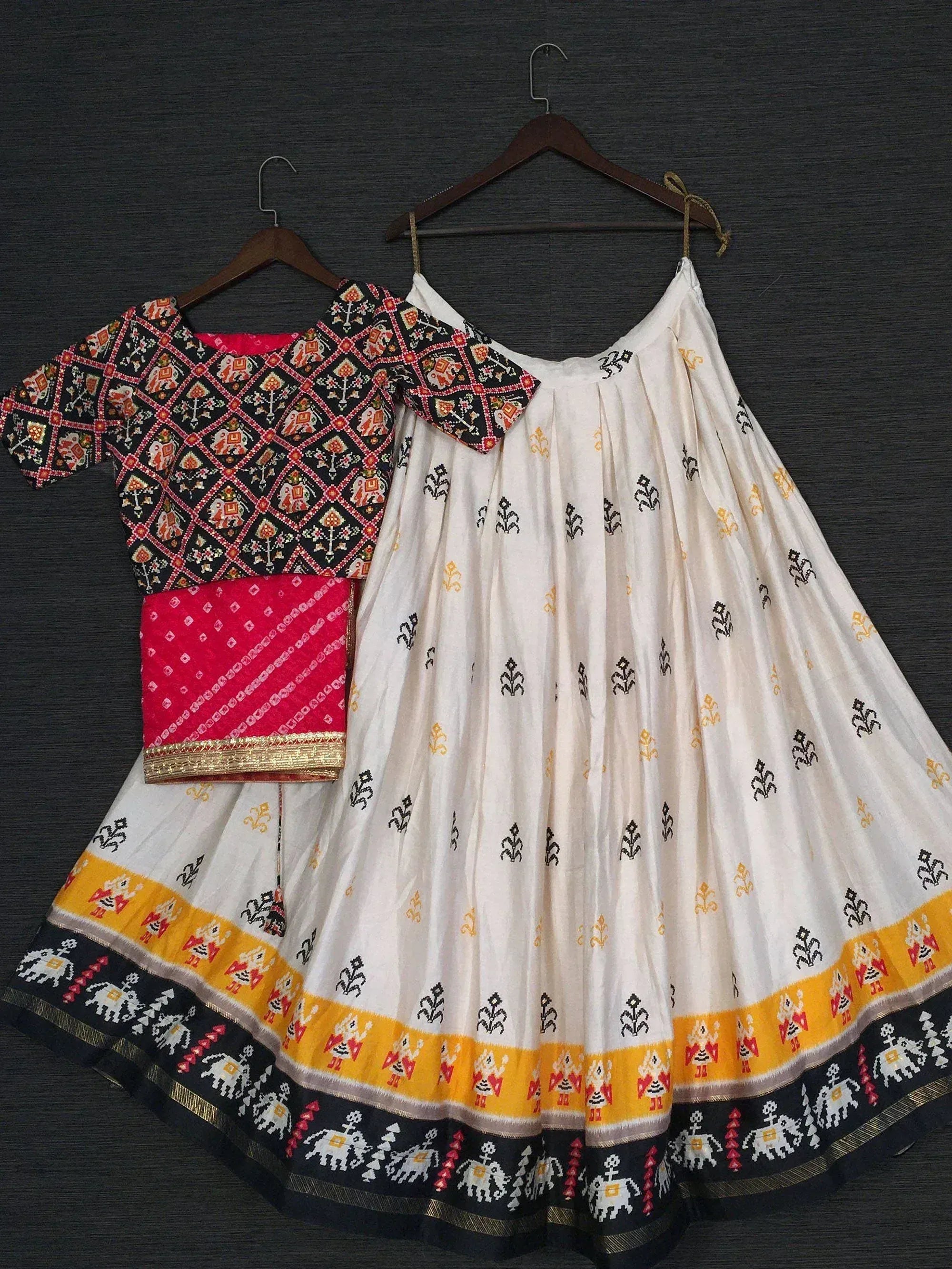 White printed lehenga with black and red embroidered blouse, ethnic Indian wear set