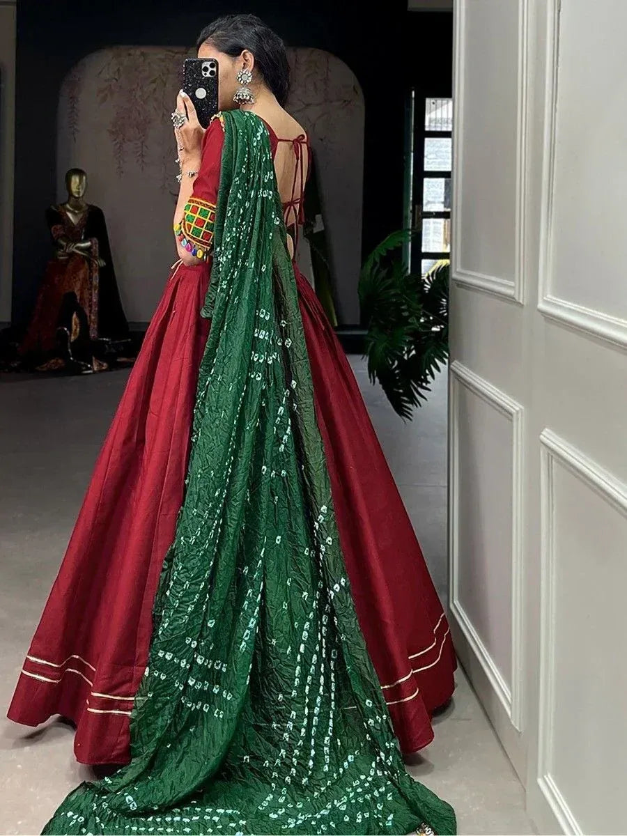 Red lehenga choli with green embroidered dupatta, ethnic Indian wear for women