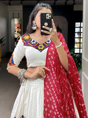 Captivating White Gamthi Work Cotton Lehenga Choli With Dupatta