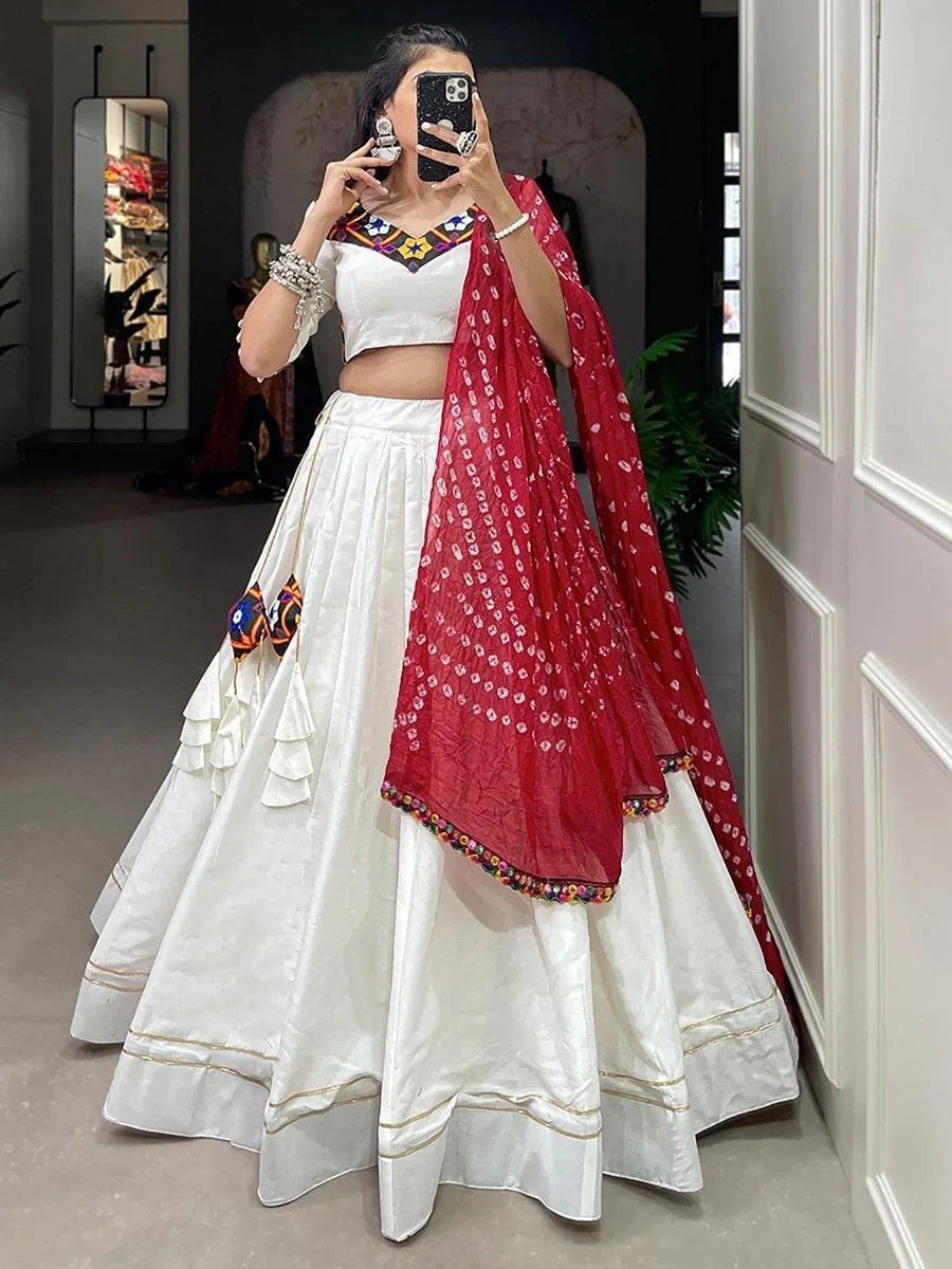 Captivating White Gamthi Work Cotton Lehenga Choli With Dupatta