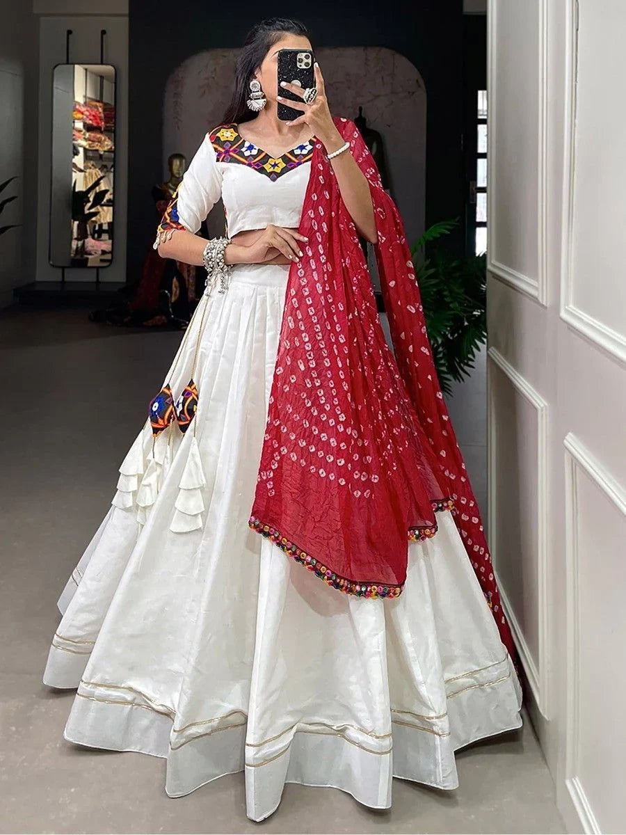 Captivating White Gamthi Work Cotton Lehenga Choli With Dupatta