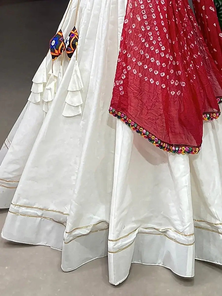 Captivating White Gamthi Work Cotton Lehenga Choli With Dupatta
