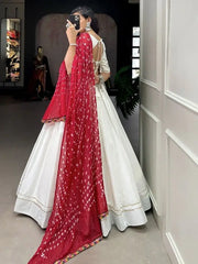 Captivating White Gamthi Work Cotton Lehenga Choli With Dupatta