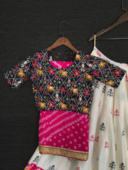 Off White Cotton Lehenga Choli With Pink Bandhani Dupatta
