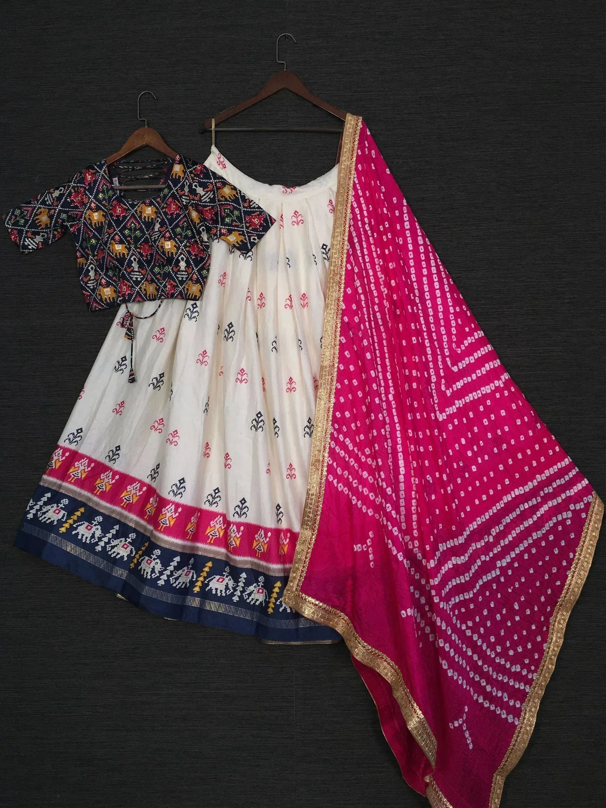 White and navy printed lehenga choli with pink dupatta, ethnic Indian wear for women