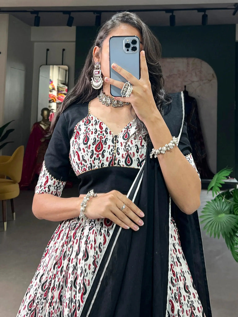 Stunning White Printed Cotton Navratri Wear Lehenga Choli With Dupatta