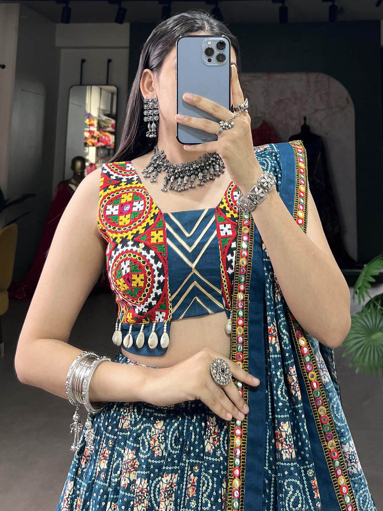 Breathtaking Blue Bandhani Printed Rayon Navratri Lehenga Choli