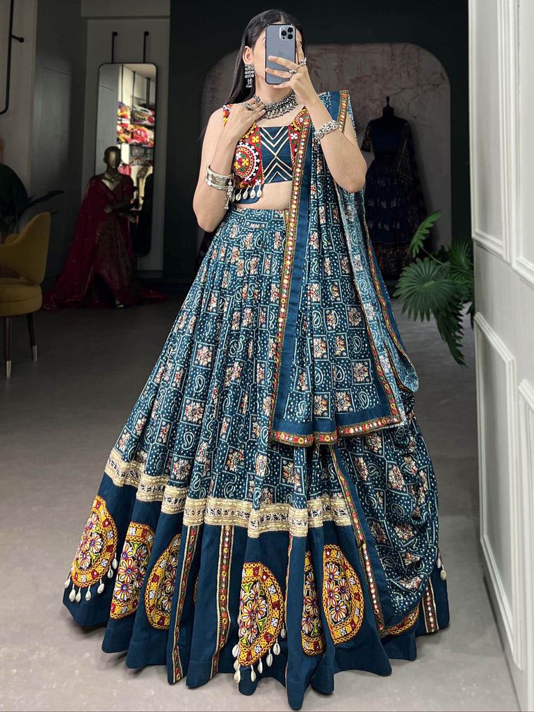 Breathtaking Blue Bandhani Printed Rayon Navratri Lehenga Choli