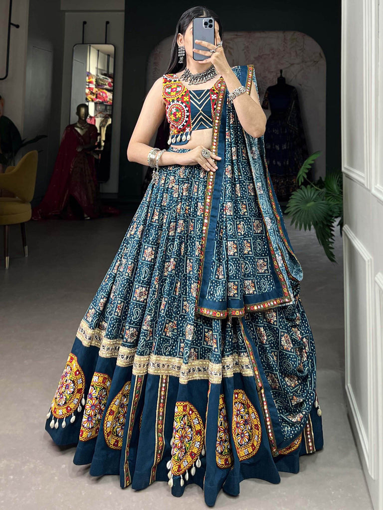 Breathtaking Blue Bandhani Printed Rayon Navratri Lehenga Choli