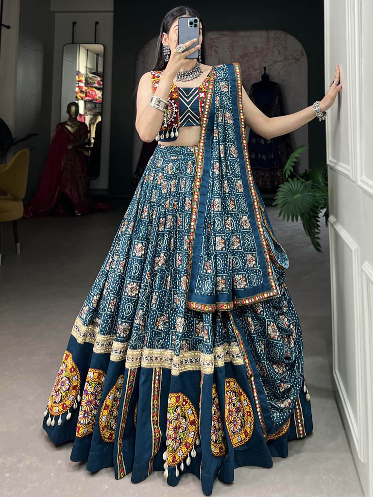 Breathtaking Blue Bandhani Printed Rayon Navratri Lehenga Choli