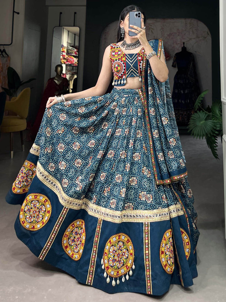 Breathtaking Blue Bandhani Printed Rayon Navratri Lehenga Choli