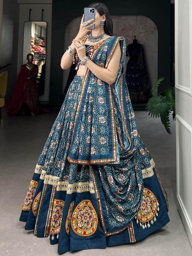 Breathtaking Blue Bandhani Printed Rayon Navratri Lehenga Choli