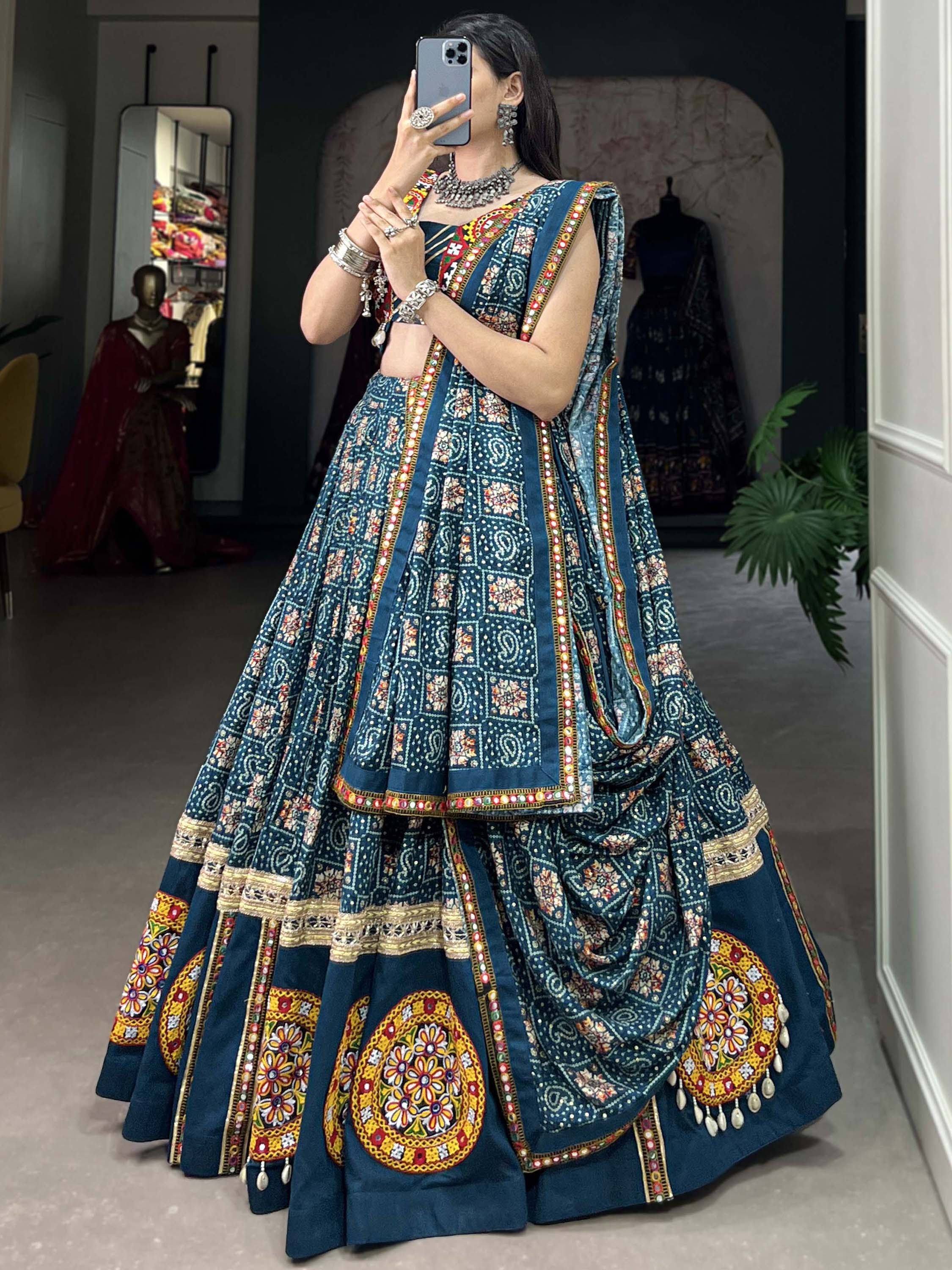 Blue embroidered lehenga choli with mirror work, traditional Indian ethnic wear for women