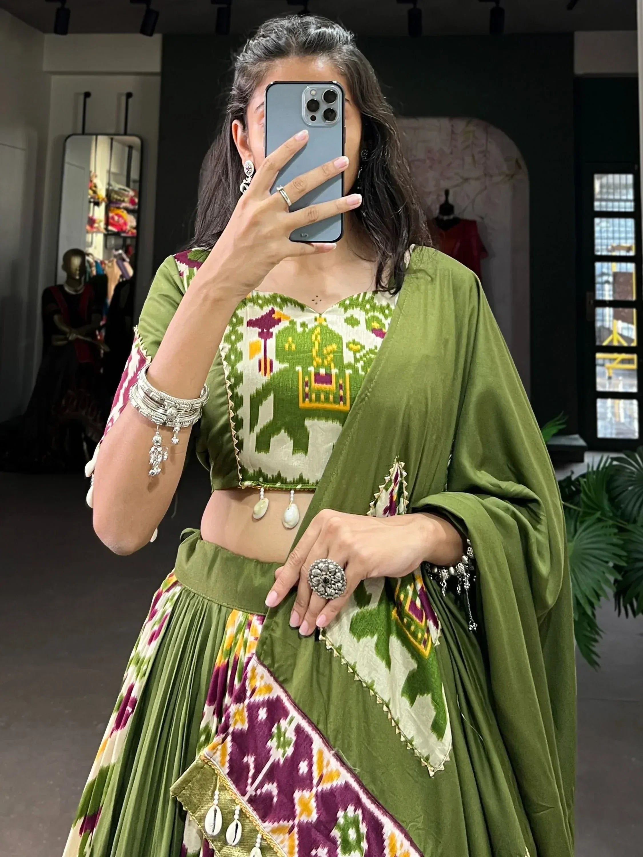 Green Ikat lehenga choli with elephant print, ethnic wear for women, designer Indian outfit
