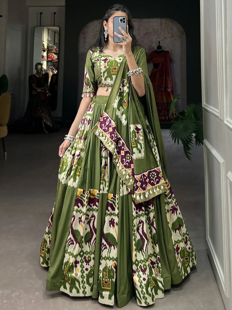 Captivating Olive Green Digital Printed Silk Navratri Lehenga Choli