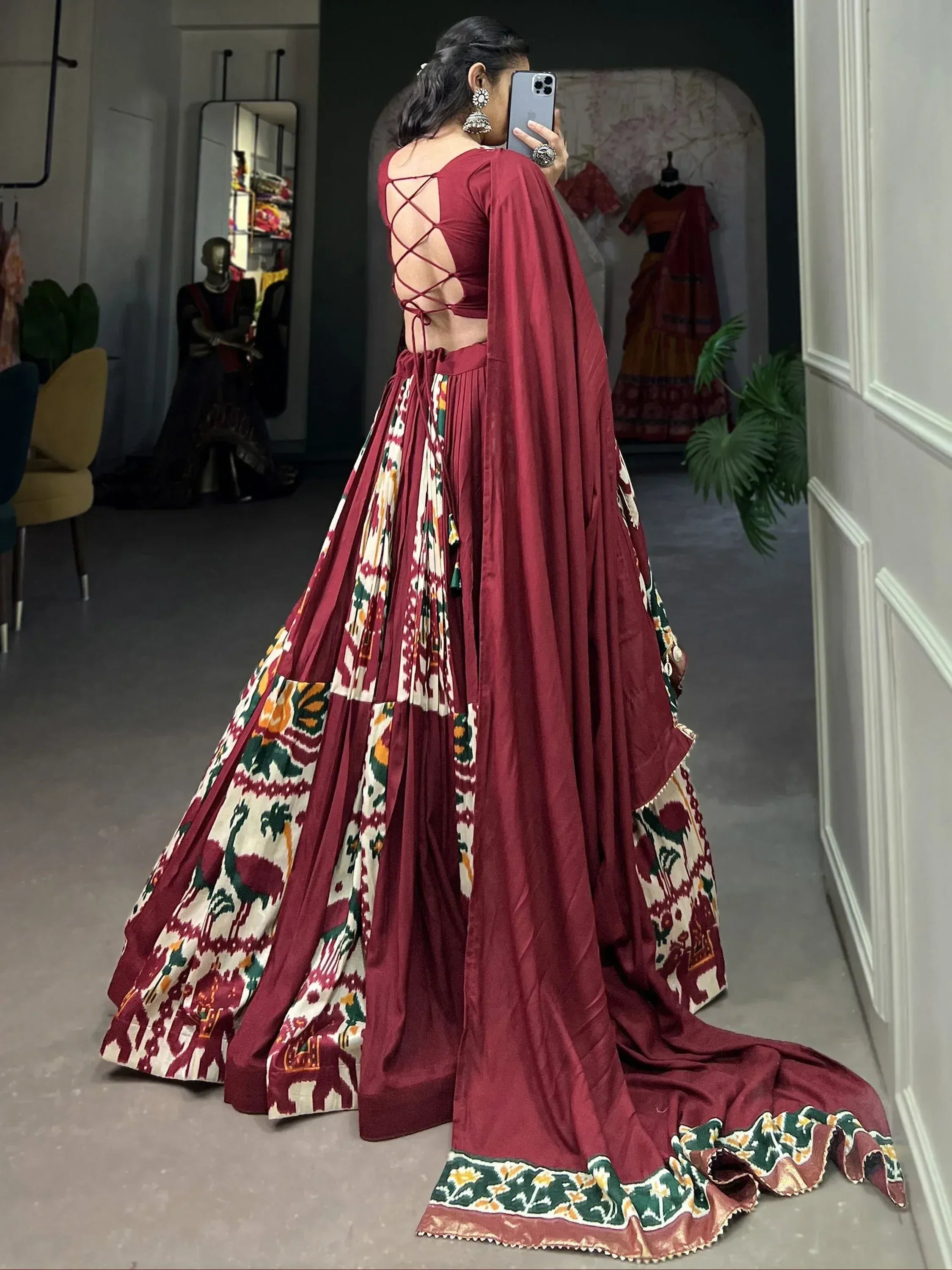 Maroon lehenga choli with crisscross back and ikat print skirt, ethnic Indian wear