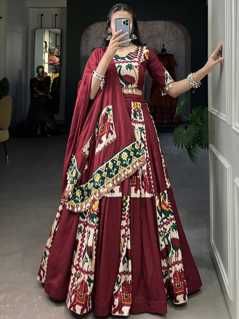 Captivating Maroon Digital Printed Silk Patola Lehenga Choli