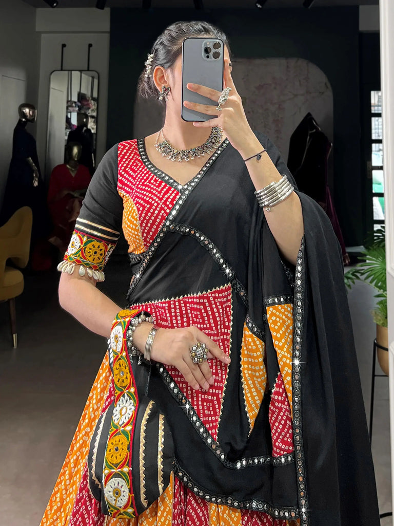 Charming Yellow Rayon Ajarakh Printed Navratri Wear Lehenga Choli