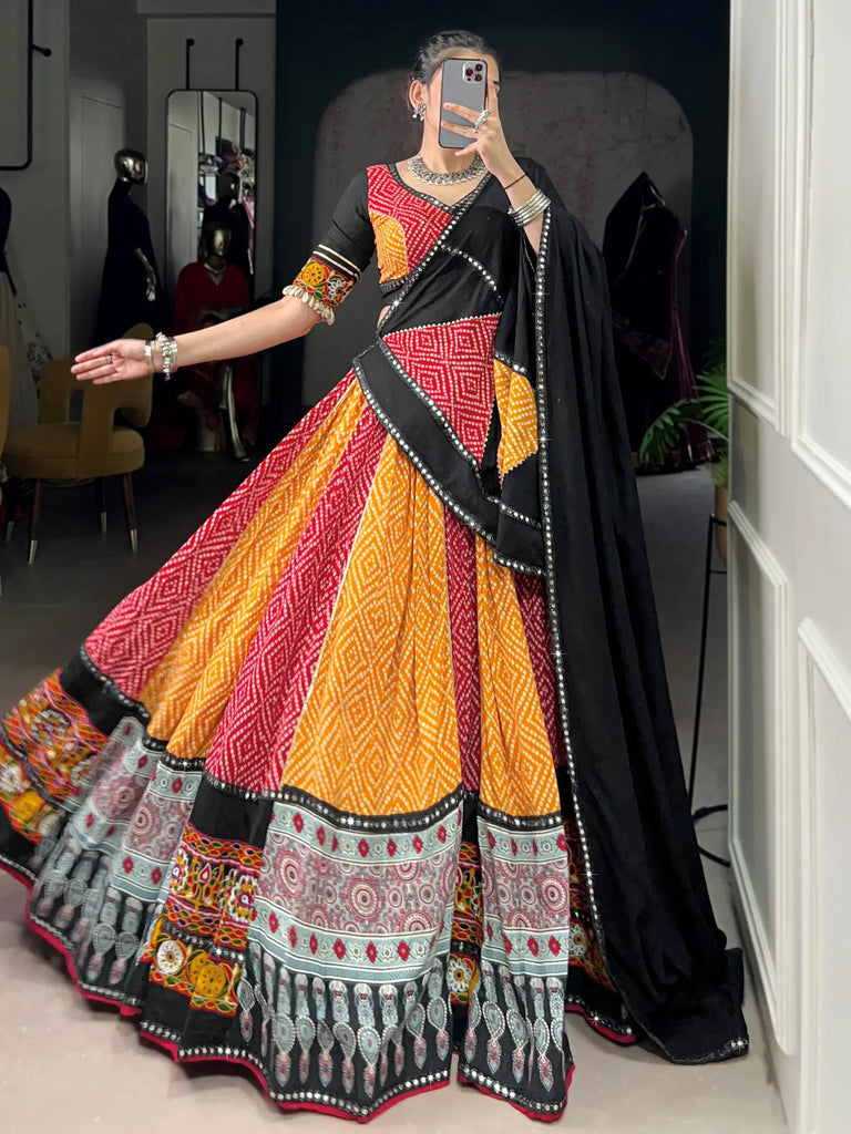 Charming Yellow Rayon Ajarakh Printed Navratri Wear Lehenga Choli