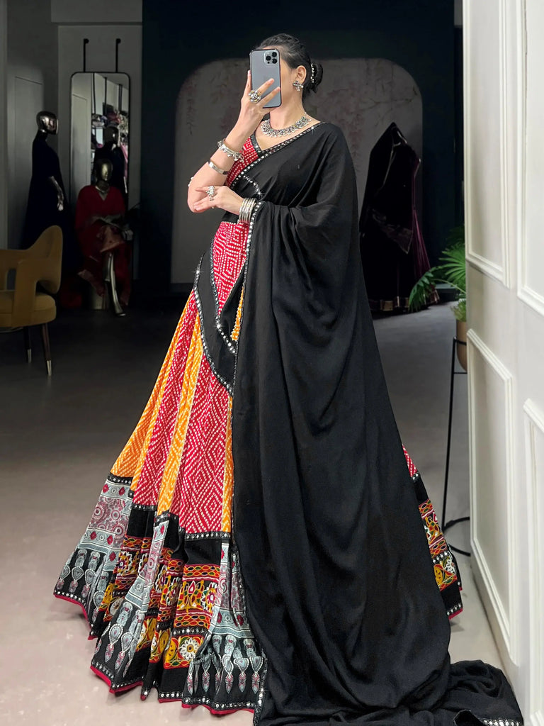 Charming Yellow Rayon Ajarakh Printed Navratri Wear Lehenga Choli